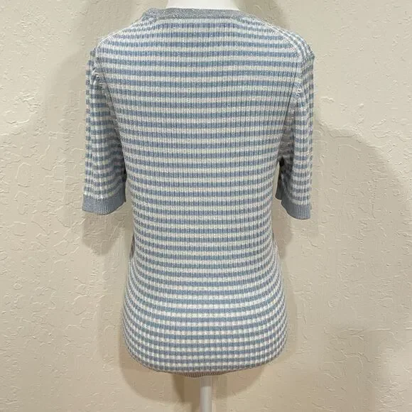 ~Brooks Brothers XL Sweater Short Sleeved Striped Metallic Ribbed Knit Lite Blue - Picture 9 of 16